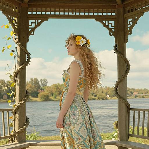 Photograph of a curly-haired woman with a yellow flower crown, wearing a patterned dress, standing in a wooden gazebo by a lake.