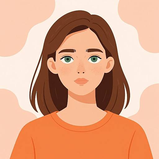 Digital illustration of a young woman with fair skin, green eyes, brown hair, and wearing an orange shirt, set against a white background with pale orange