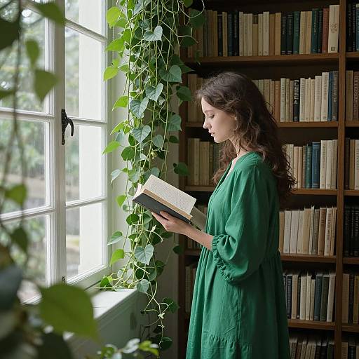 Photograph of a woman with long brown hair in a green dress, reading a book by a sunlit window in a library with leafy plants and