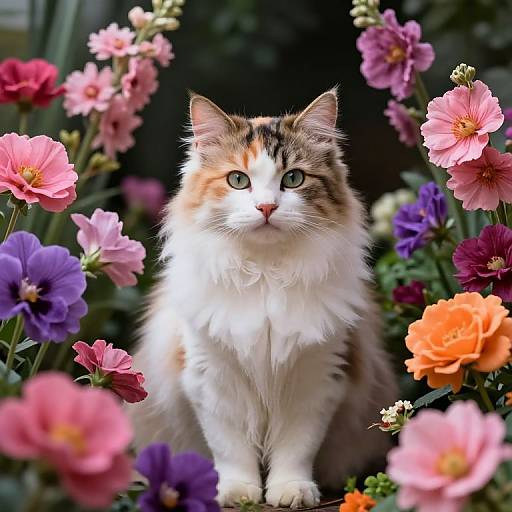 Photograph of a fluffy, tri-colored cat with green eyes, surrounded by a vibrant garden of pink, purple, orange, and red flowers.