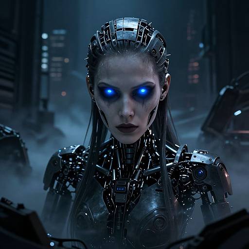 Cyberpunk female android with glowing blue eyes, metallic headgear, and armor in a foggy, dark cityscape. Photorealistic CGI.