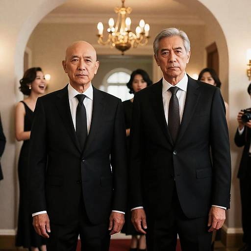 Men in Suits Under Chandelier Archway