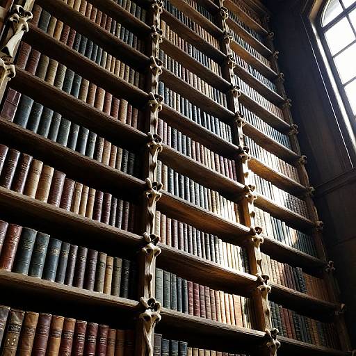 Photograph of a tall, wooden bookshelf filled with uniformly arranged, colorful leather-bound books, illuminated by sunlight from a window.