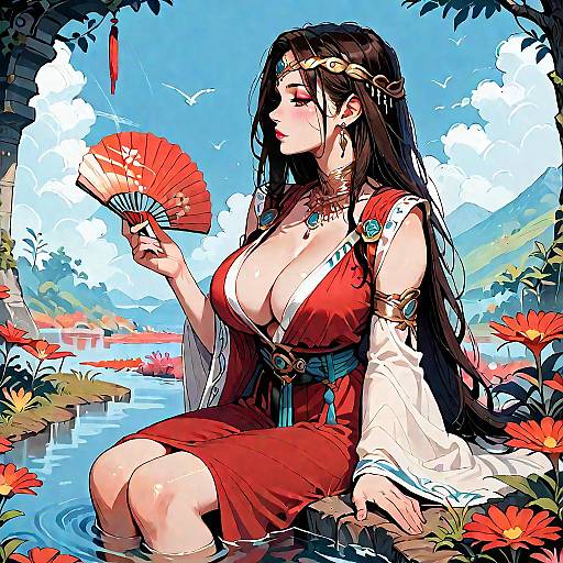 Anime Girl by River with Fan