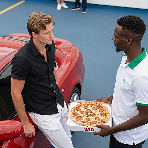 Two Men on a Blue Surface with Car