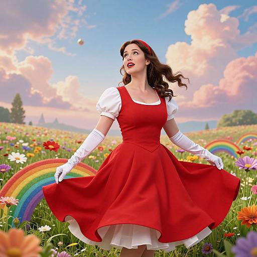 Photograph of a fair-skinned woman with dark hair in a red dress and white gloves, smiling in a vibrant flower field with rainbow arches under