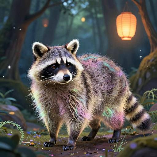 Digital artwork of a glowing, rainbow-furred raccoon standing in a mystical forest with a warm lantern hanging in the background.