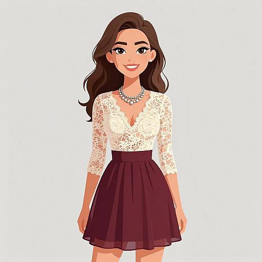 Digital illustration of a smiling woman with long brown hair, wearing a white lace blouse and a high-waisted maroon skirt, adorned with a silver