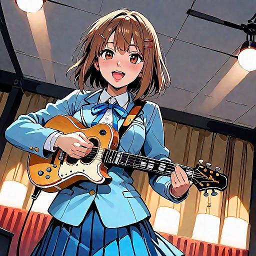 Anime-style digital drawing of a cute, brown-haired girl in a blue school uniform playing an electric guitar in a brightly lit room.