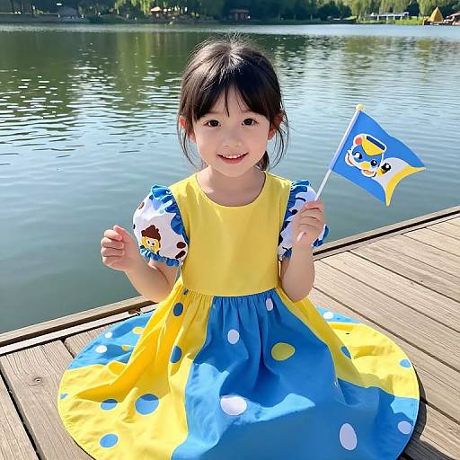 Photograph of a smiling Asian girl with black hair, wearing a yellow and blue polka dot dress, holding a SpongeBob flag, sitting on a