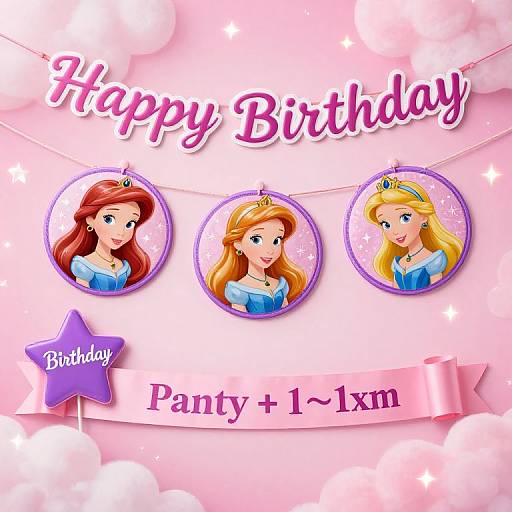 Digital illustration of three cartoon princesses with pink, red, and blonde hair, wearing blue dresses, on a pink, starry background. 