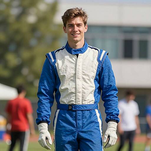 Smiling Young Man in Blue and White Racing Suit