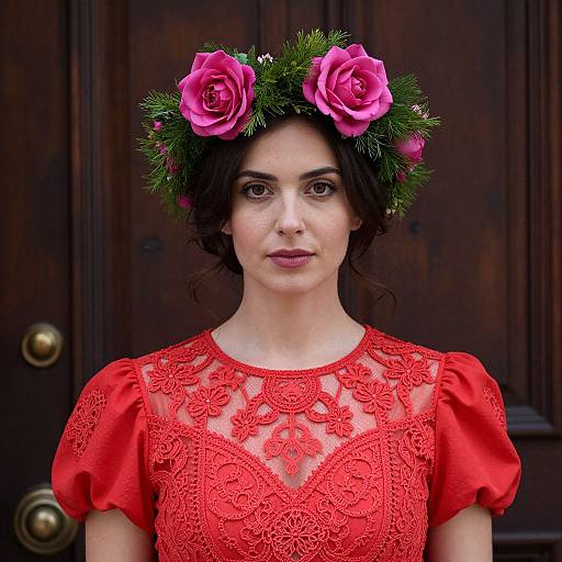 Woman with Floral Crown in Red Dress