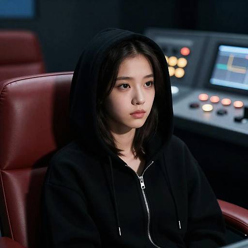 Calm Woman in Dim Control Room