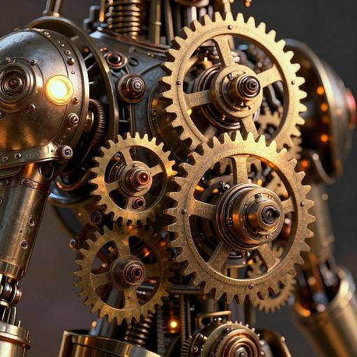 Close-up photograph of intricate, golden gears and metallic components within a steampunk-style mechanical device, illuminated by a glowing light bulb.