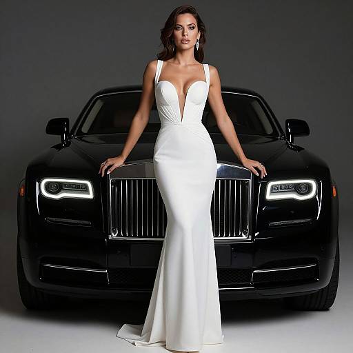 Photograph: Elegant woman in a deep V-neck, white, form-fitting gown stands confidently in front of a sleek, black luxury sedan with glowing