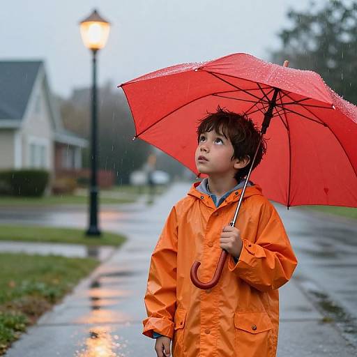 Curious Boy Under Streetlamp in Rain
