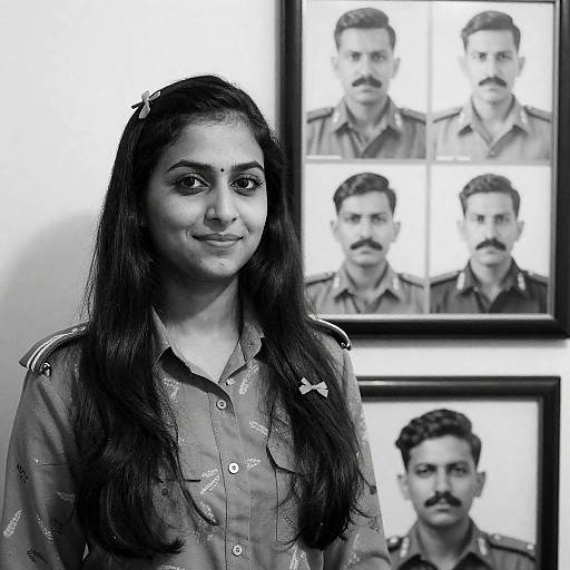 Elegant Woman Amidst Vintage Portraits