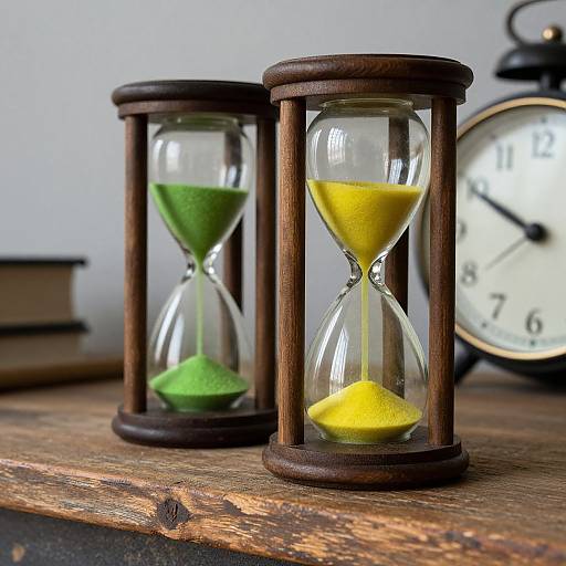 Photograph of two wooden hourglasses with green and yellow sand, on a wooden table, beside a black and white analog clock.