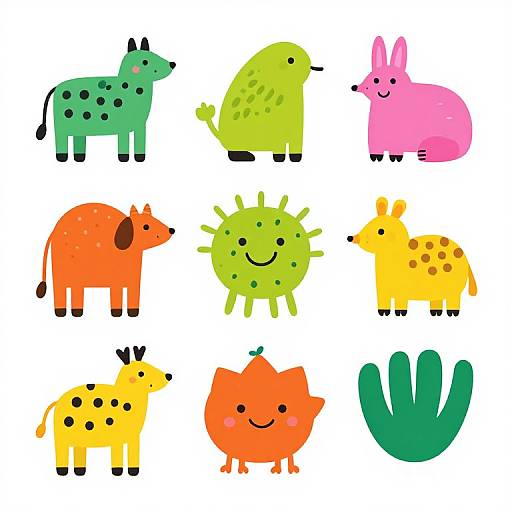 Cartoon-style illustration of nine colorful, simplistic animals: green spotted cow, green bird, pink rabbit, orange fox, green virus, yellow giraffe