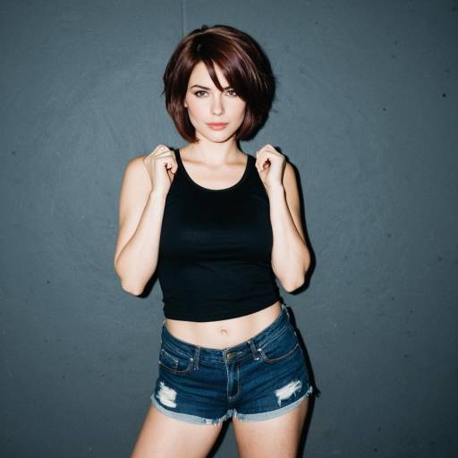 Confident Woman in Black Tank Top and Denim Shorts