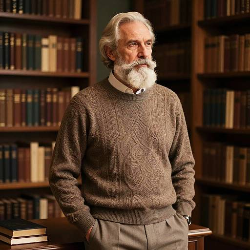 Elderly Man with Full Beard in Cozy Library