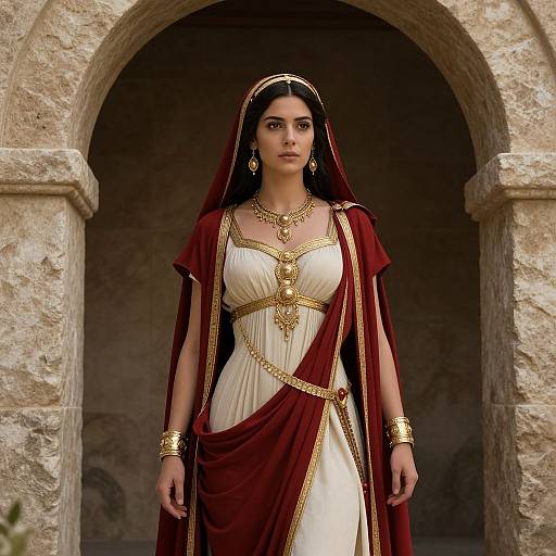 Photograph of a young South Asian woman in an elegant medieval-style white and maroon dress with gold jewelry, standing under a stone archway.