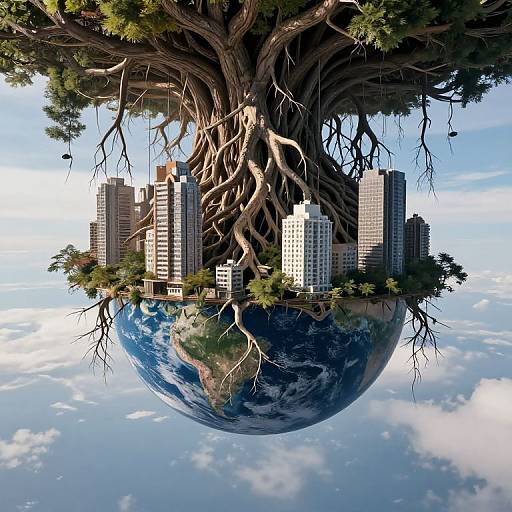 Fantasy digital artwork of a globe with a cityscape and sprawling tree roots extending into the sky, set against a blue sky with clouds.