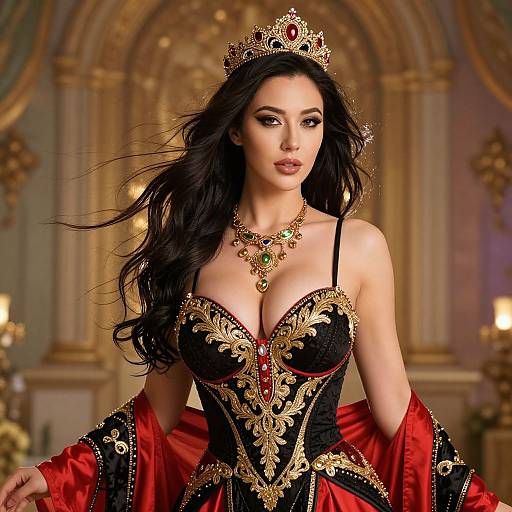 Photograph of a beautiful woman with long black hair, wearing a gold crown, black and gold corset dress with red satin sleeves, and ornate