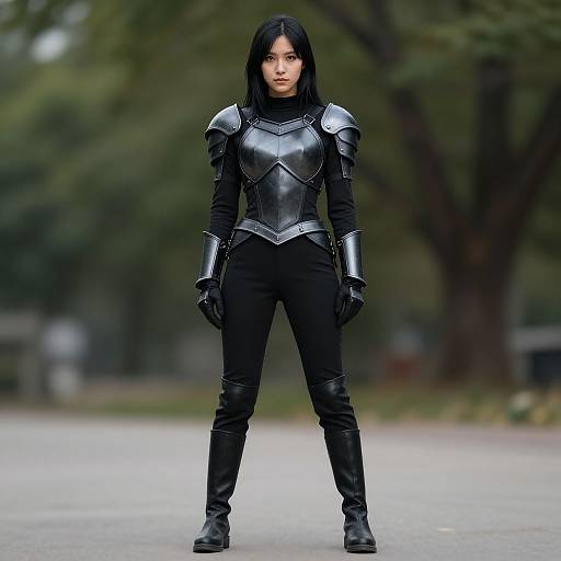 Realistic Black Boots Armor Girl Outdoors