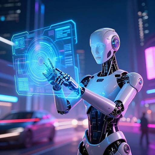 Photorealistic CGI of a white and black humanoid robot in a neon-lit city, casting a glowing blue hologram with intricate circles. Urban background