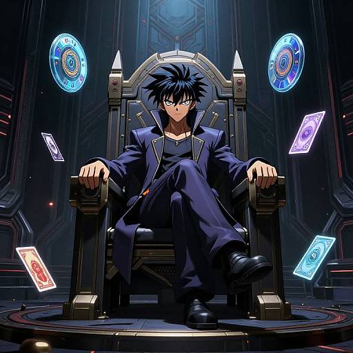Anime-style digital art of a blue-haired, serious-eyed young man in a dark robe, sitting on a throne with floating magical cards and glowing orbs around