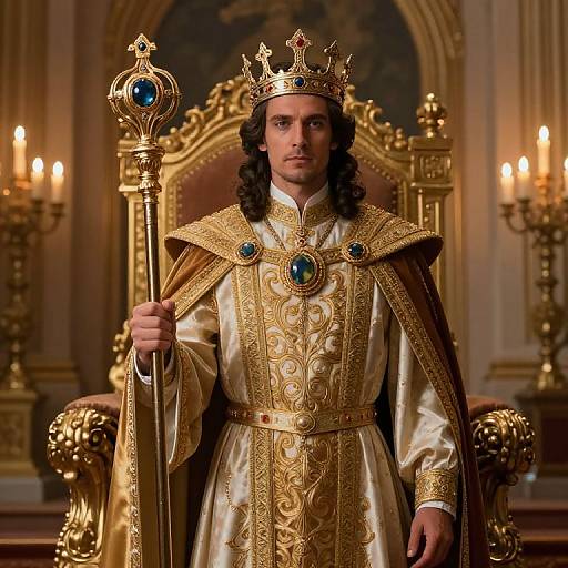 Photograph of a serious-looking man with long black hair, wearing a golden crown, ornate white and gold royal robe, holding a jeweled scept