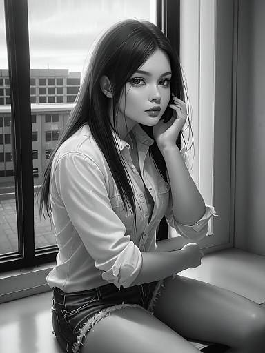 Photorealistic Monochrome Woman by Window