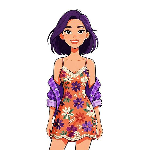Digital anime-style illustration of a smiling woman with purple hair, wearing a floral orange dress with white lace trim, and a purple jacket, standing against a