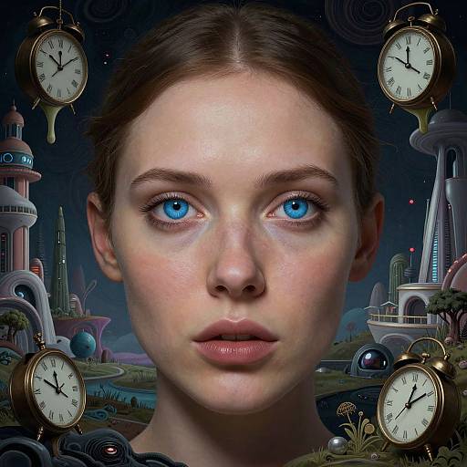 Photograph-style digital art of a fair-skinned woman with blue eyes, brown hair, surrounded by six vintage clocks against a futuristic, sci-fi city