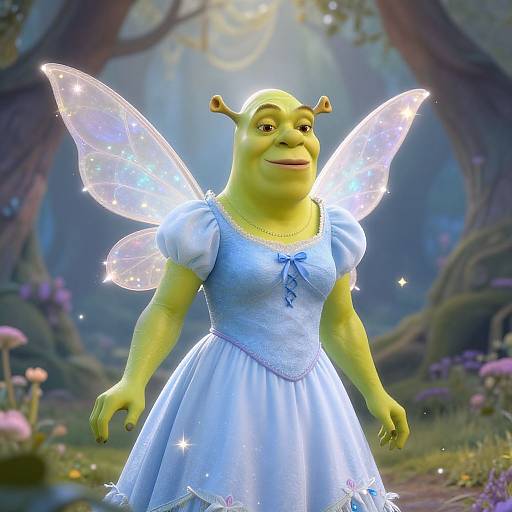 CGI image of a green-skinned, fairy-like creature with transparent, sparkly wings wearing a blue, medieval-style dress in a magical forest.