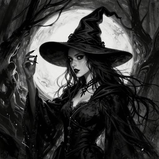 Digital black-and-white illustration of a mysterious, dark-haired witch with a wide-brimmed hat, standing against a glowing full moon, surrounded by twisted