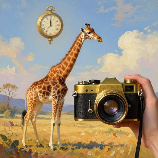 Photograph of a hand holding a vintage camera, capturing a realistic giraffe in a sunny savanna with a floating clock.
