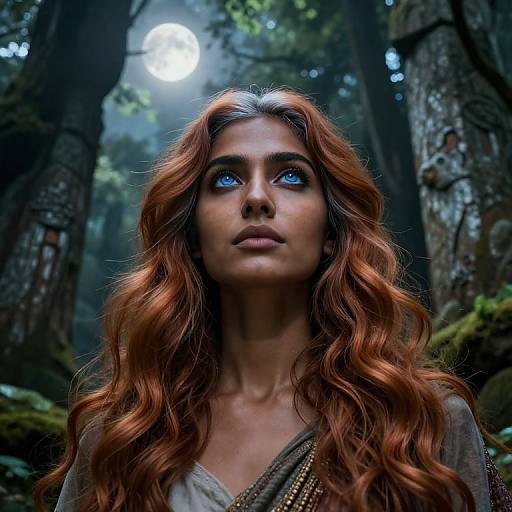 Photograph-like CGI of a woman with long, wavy auburn hair, striking blue eyes, and fair skin, standing in a mystical forest