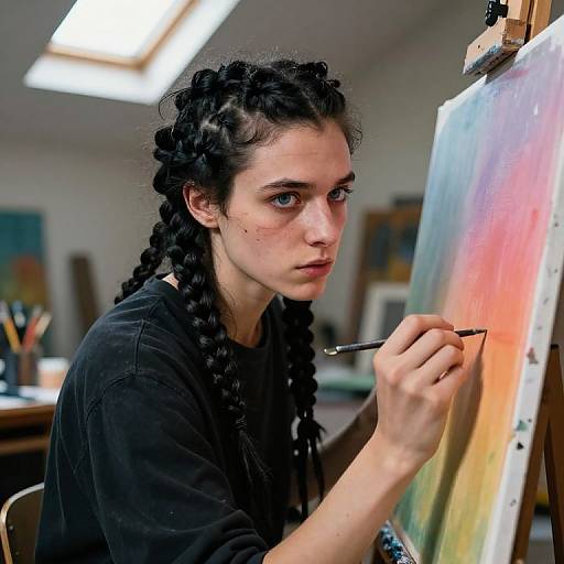 Photograph of a young woman with dark curly hair in braids, wearing a black shirt, painting with a brush on a colorful canvas in an art