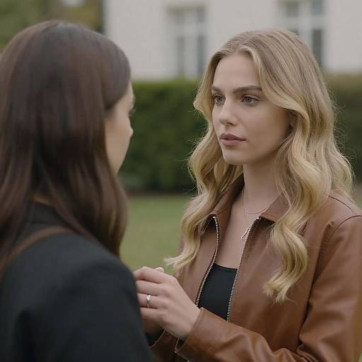 Photograph of two women conversing outdoors; blonde woman with wavy hair, brown leather jacket, black top, holds hands with dark-haired woman in