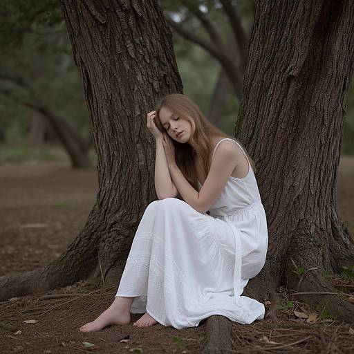 Photograph of a young woman with long brown hair, wearing a white, sleeveless, flowing dress, sitting barefoot against a tree in a forest
