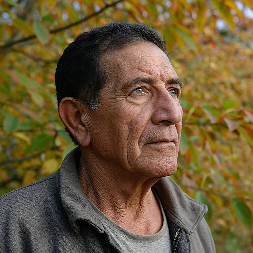 Photograph of an elderly man with weathered skin, short dark hair, and brown jacket, looking upwards against a blurred autumn leaf background.