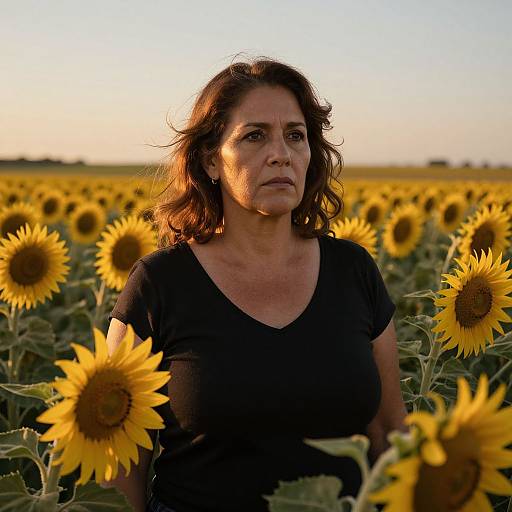 Photograph of a middle-aged woman with wavy brown hair, wearing a black shirt, standing in a sunlit sunflower field at sunset.