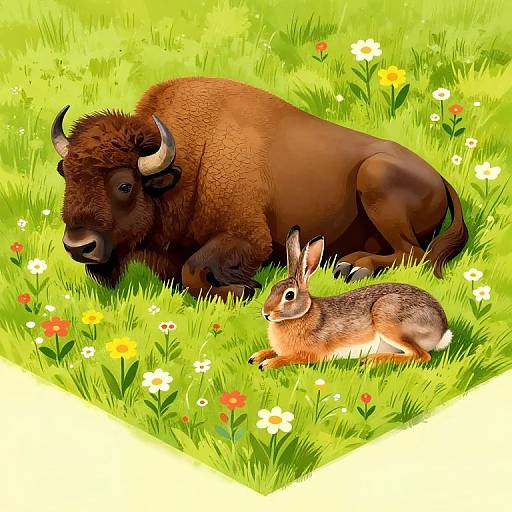 Digital illustration of a brown bison lying in a vibrant green meadow with colorful flowers, next to a brown rabbit.