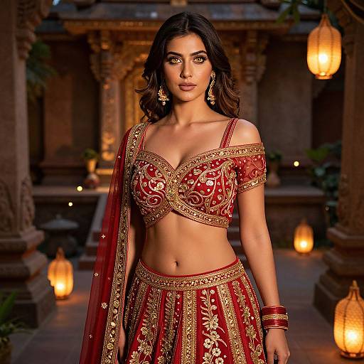 Photograph of a beautiful Indian woman with medium brown skin, dark wavy hair, wearing a red and gold traditional lehenga and choli, standing