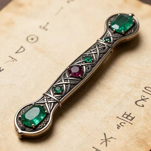 Photograph of an ornate silver brooch with green and purple gemstones, intricate Celtic patterns, and oval-shaped stones, on vintage paper with faint