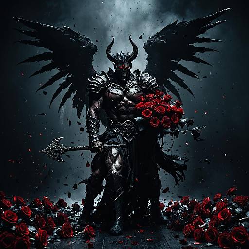 Victorious Demon Warrior with Black Wings and Red Roses