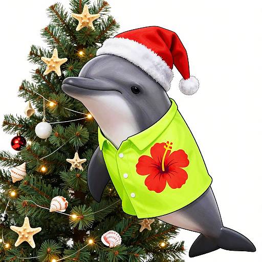 Digital illustration of a dolphin wearing a Santa hat and neon yellow shirt with a red hibiscus, next to a decorated Christmas tree.